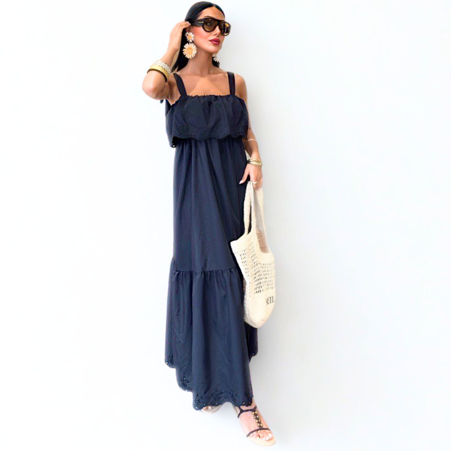 Women's Black Summer Maxi Dress with Eyelet Hem, Wide Straps, Tiered Ruffle Detail, Casual Basic Minimalist Sleeveless
