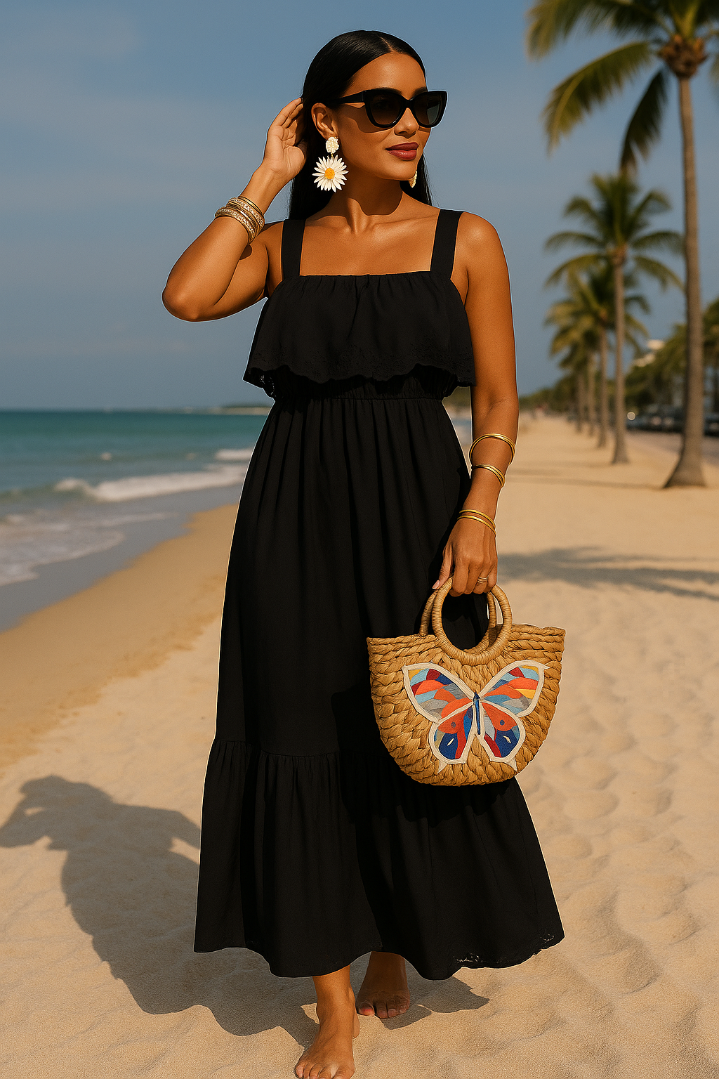Women's Black Summer Maxi Dress with Eyelet Hem, Wide Straps, Tiered Ruffle Detail, Casual Basic Minimalist Sleeveless