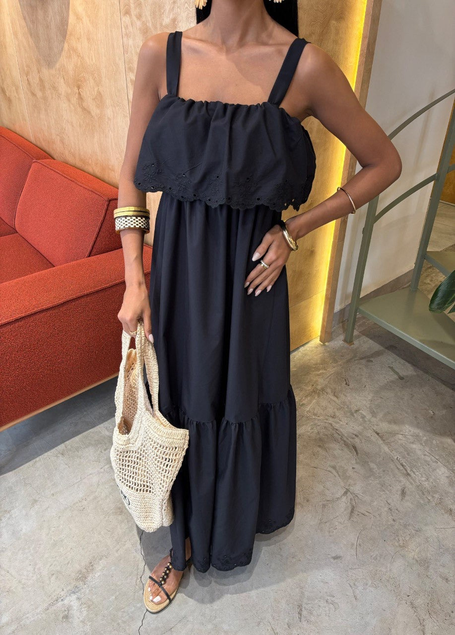 Women's Black Summer Maxi Dress with Eyelet Hem, Wide Straps, Tiered Ruffle Detail, Casual Basic Minimalist Sleeveless