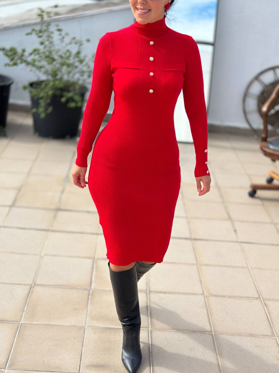 Casual Women's Red Stretchable Ribbed Knit Midi Dress - Slim Fit, Standard Sizes - Womenswear Casual Wear