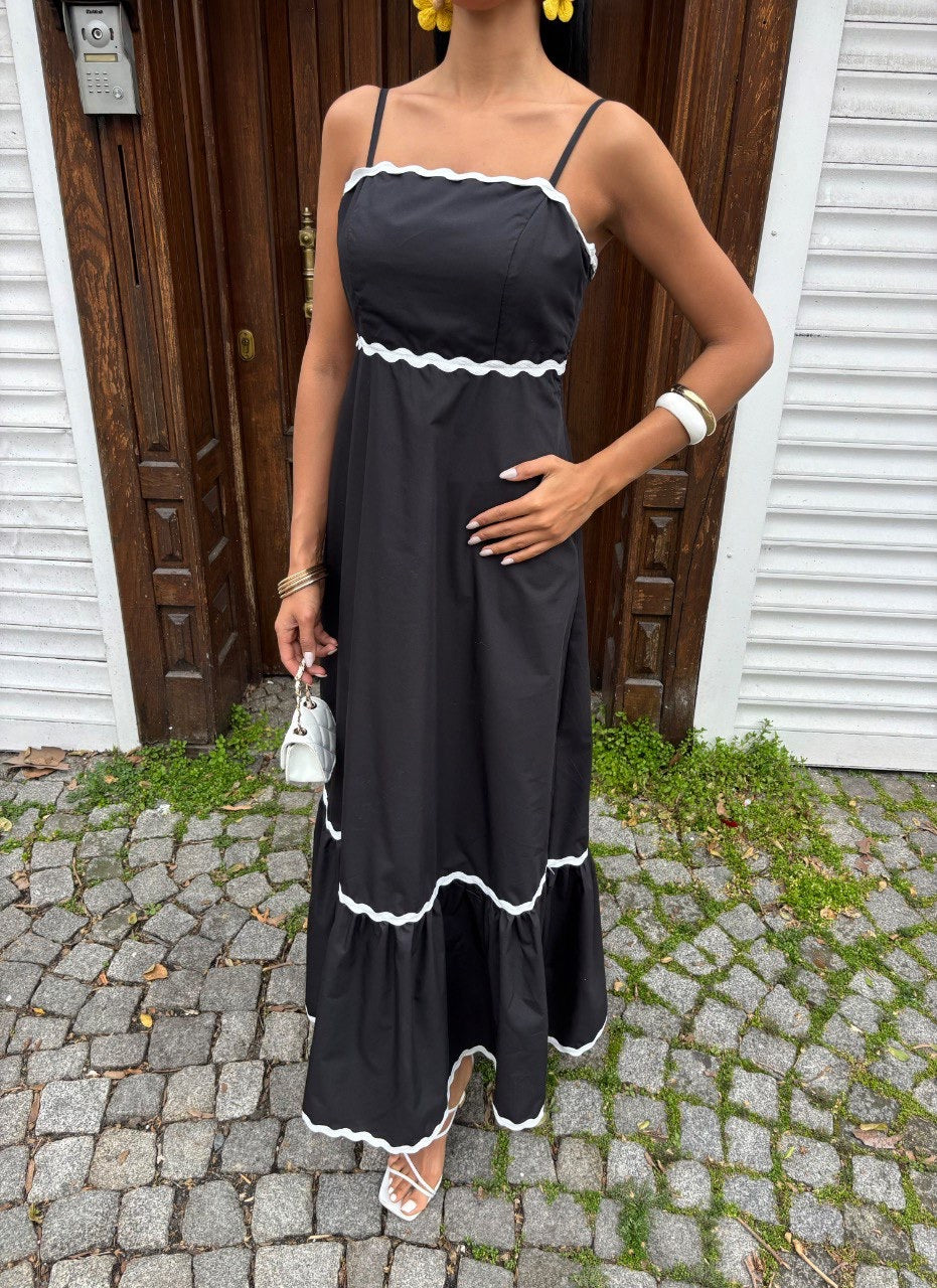 Women's Summer Spaghetti Strap Dress A-Line Sleeveless Maxi with Tiered Design and Rac Trim - Comfort, Womenswear, Minimalist, Basic Casual