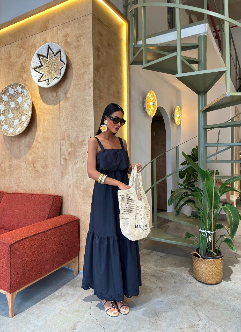 Women's Black Summer Maxi Dress with Eyelet Hem, Wide Straps, Tiered Ruffle Detail, Casual Basic Minimalist Sleeveless