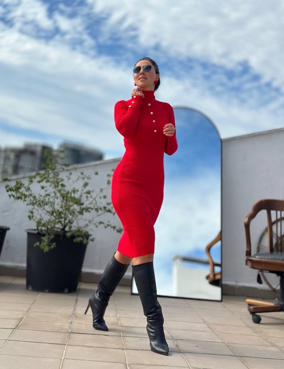 Casual Women's Red Stretchable Ribbed Knit Midi Dress - Slim Fit, Standard Sizes - Womenswear Casual Wear
