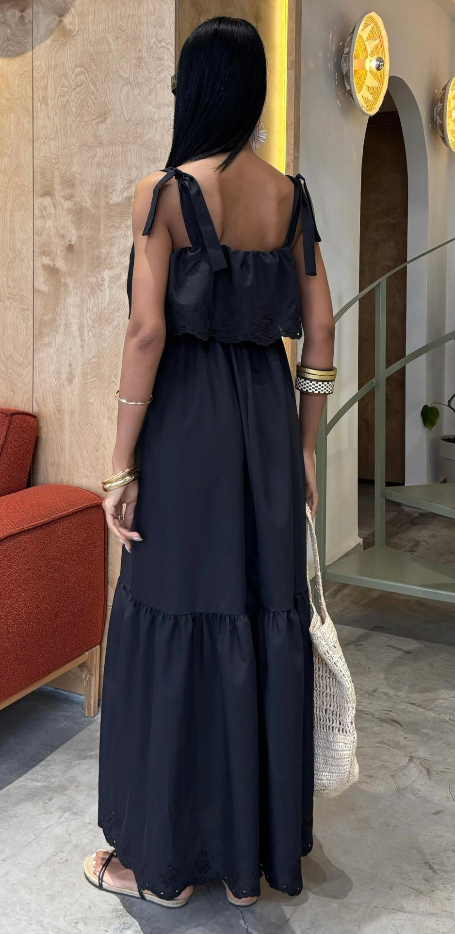Women's Black Summer Maxi Dress with Eyelet Hem, Wide Straps, Tiered Ruffle Detail, Casual Basic Minimalist Sleeveless