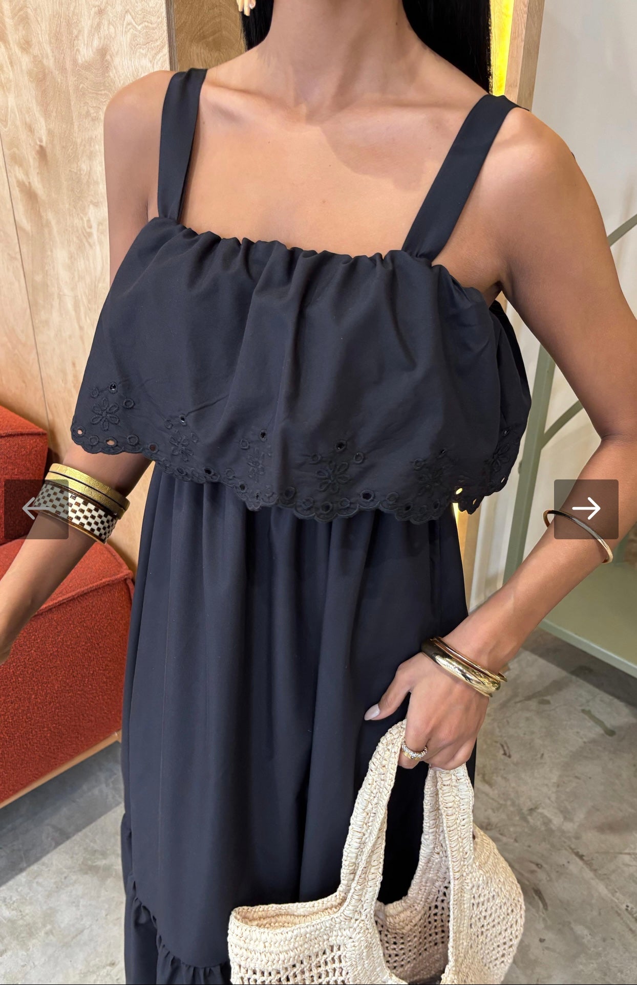 Women's Black Summer Maxi Dress with Eyelet Hem, Wide Straps, Tiered Ruffle Detail, Casual Basic Minimalist Sleeveless