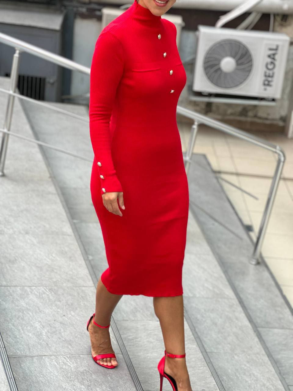 Casual Women's Red Stretchable Ribbed Knit Midi Dress - Slim Fit, Standard Sizes - Womenswear Casual Wear