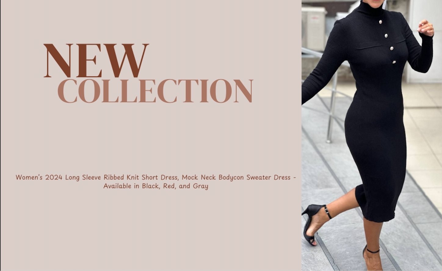 Women’s 2024 Long Sleeve Ribbed Knit Short Dress, Mock Neck Bodycon Sweater Dress - Available in Black, Red, and Gray