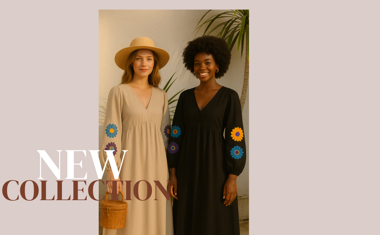 Earthy summer tones meet playful floral embroidery in soft, breathable fabrics. A blend of beige and black with vibrant stitched blooms evokes effortless elegance and warm, sunlit charm.”