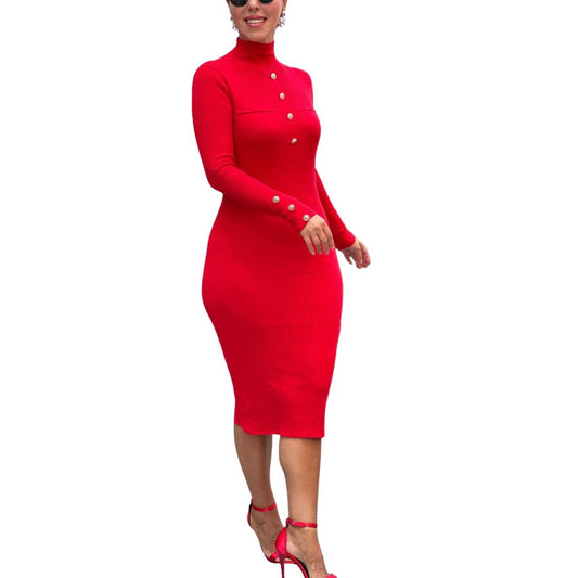 Casual Women's Red Stretchable Ribbed Knit Midi Dress - Slim Fit, Standard Sizes - Womenswear Casual Wear