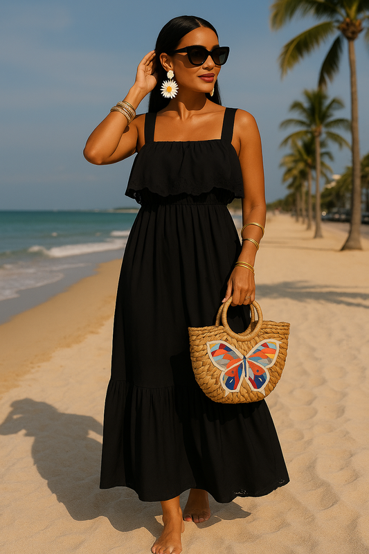 Women's Black Summer Maxi Dress with Eyelet Hem, Wide Straps, Tiered Ruffle Detail, Casual Basic Minimalist Sleeveless