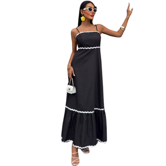 Women's Summer Spaghetti Strap Dress A-Line Sleeveless Maxi with Tiered Design and Rac Trim - Comfort, Womenswear, Minimalist, Basic Casual