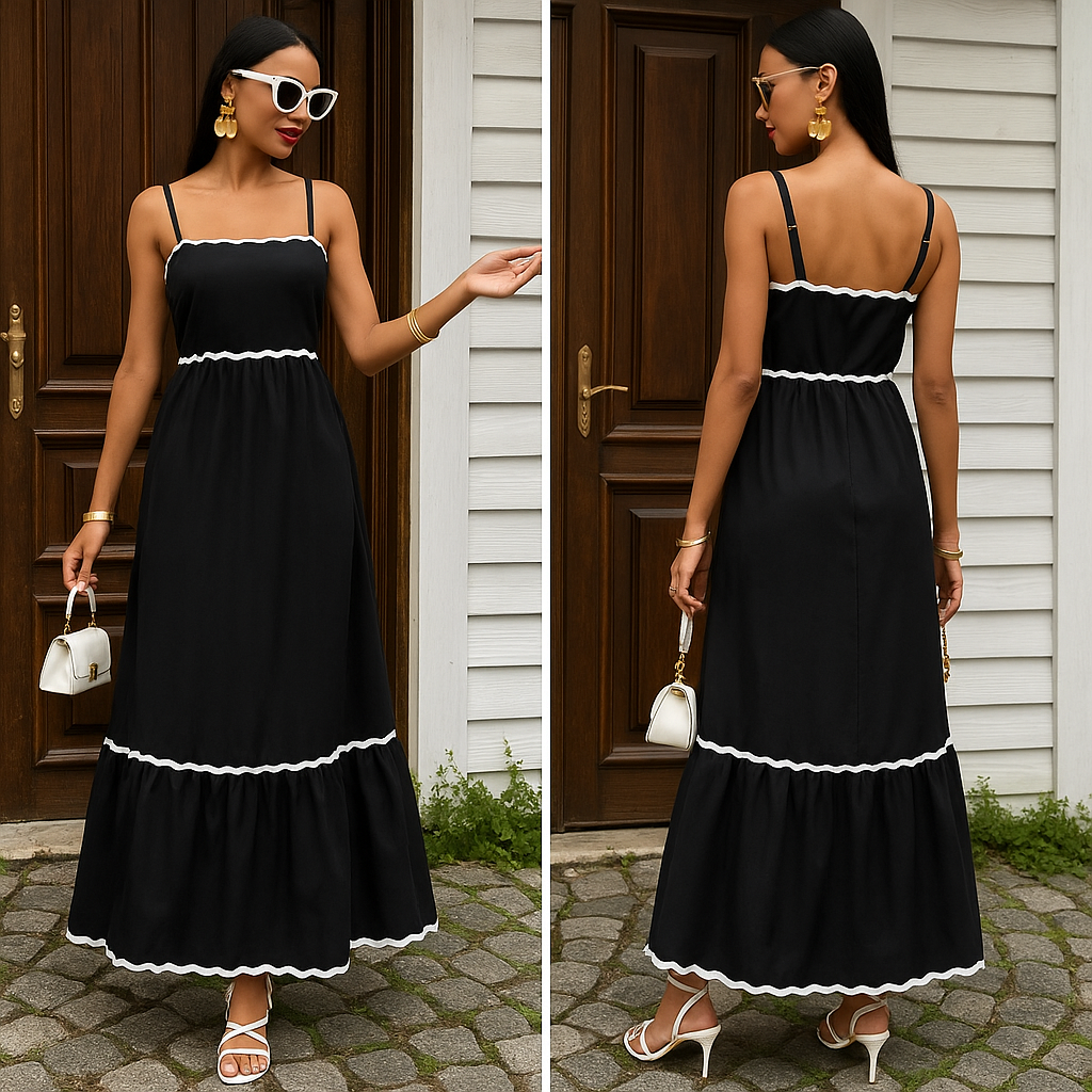 Women's Summer Spaghetti Strap Dress A-Line Sleeveless Maxi with Tiered Design and Rac Trim - Comfort, Womenswear, Minimalist, Basic Casual