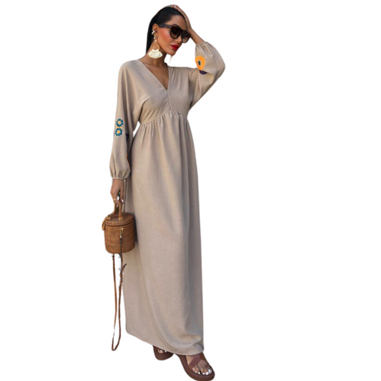 Bohemian Dress Loose Floral Embroidery Long Sleeve Ethnic White Dress for Women